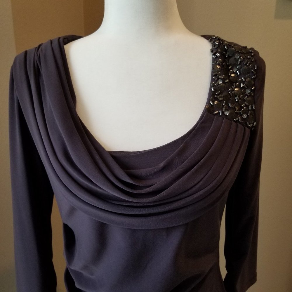 NewGray Drape Neck Dress With Shoulder Bead Work